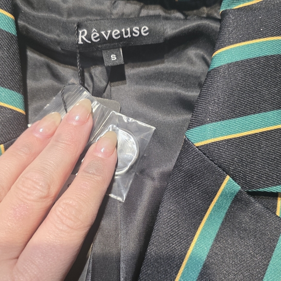 Reveuse NWT Elegant Black and Green Striped Women's Blazer S/M/L/XL - Picture 5 of 13